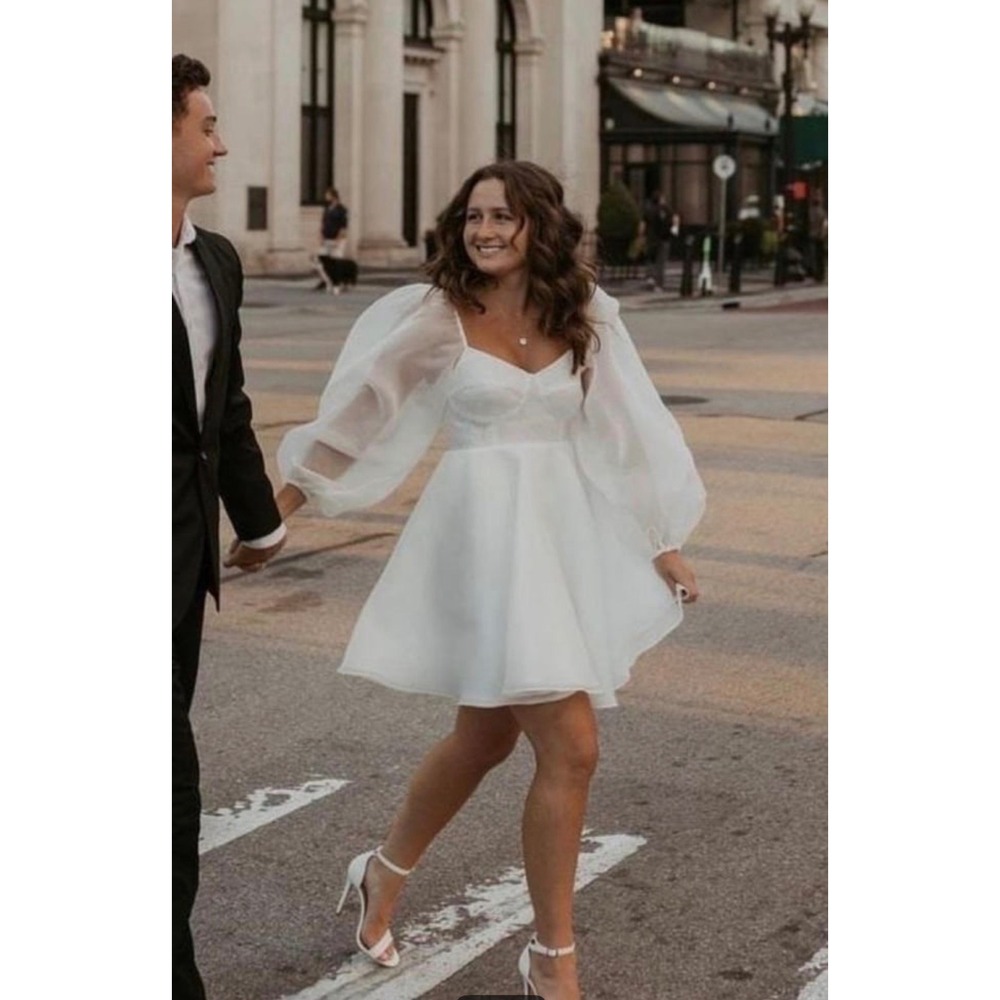 Selkie White Organza Puff Sleeve Mini Dress Sweetheart Corset Bodice Womens S